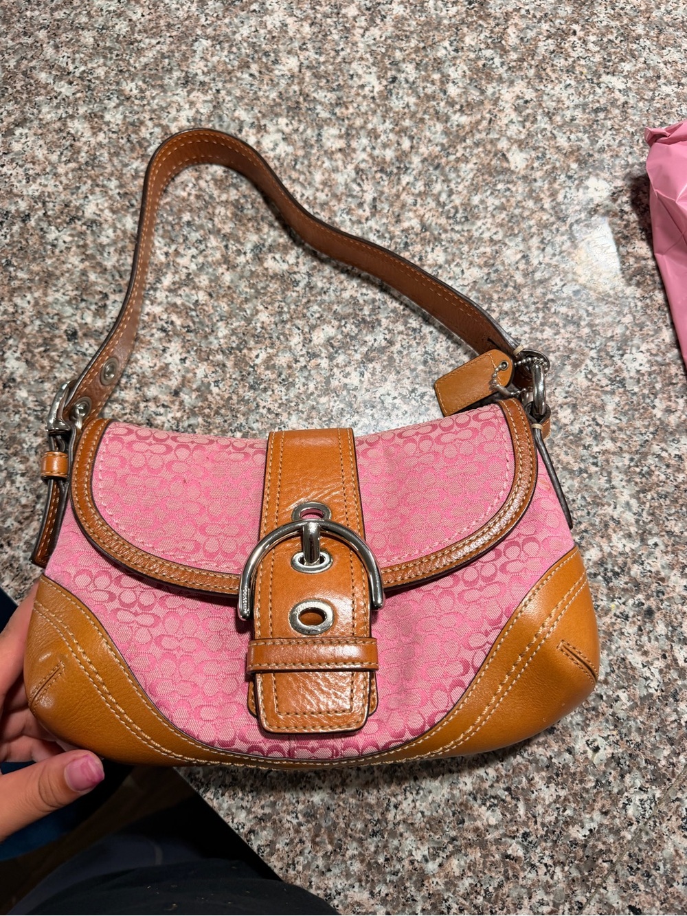 Coach Pink Signature Canvas Shoulder Bag with Tan Leather Trim